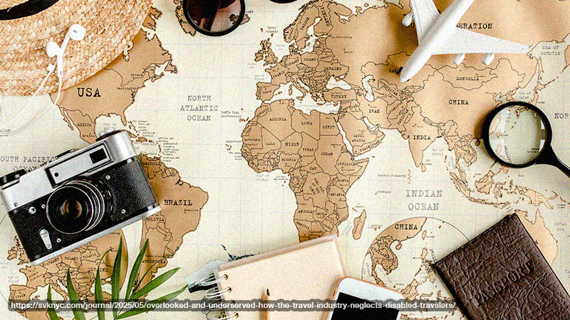 A world map with objects on it: hat, sunglasses, toy plane, camera, notepad, smartphone.