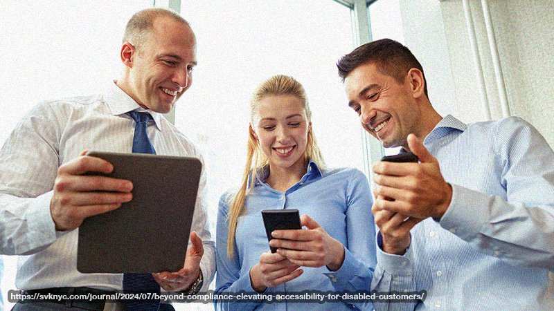 Three humans in business shirts smiling and holding their mobile devices and looking at them.