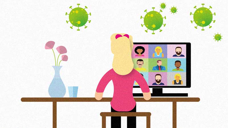 Illustration of a blonde woman sitting with her back to you in front of a computer with a video meeting avatars. COVID particles are flying above her.